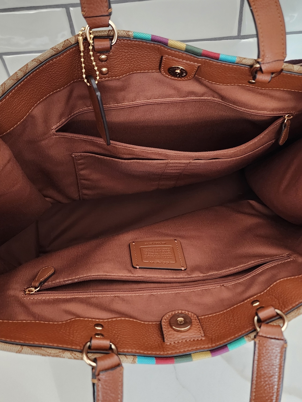 Coach Dempsey Tote 40 - Signature Jacquard Stripe & Leather Patch - Picture 12 of 16